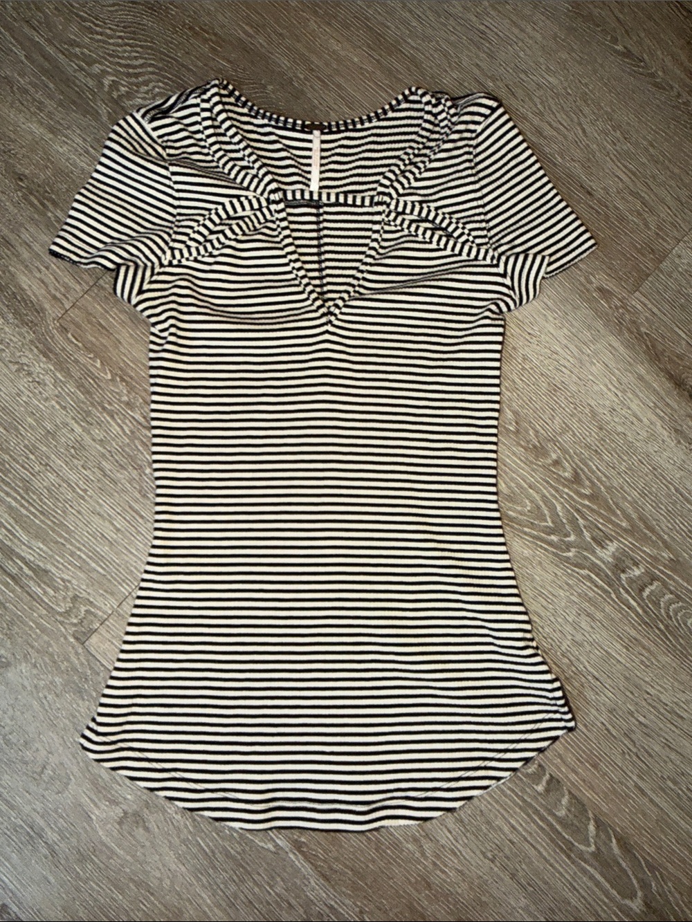Free People Black and White Striped V-Neck Short Sleeve Tee cut out
